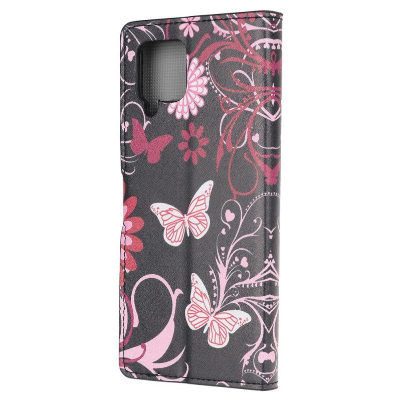 Leren Hoesje Samsung Galaxy A12 Wit Zwart Vlinders En Bloemen