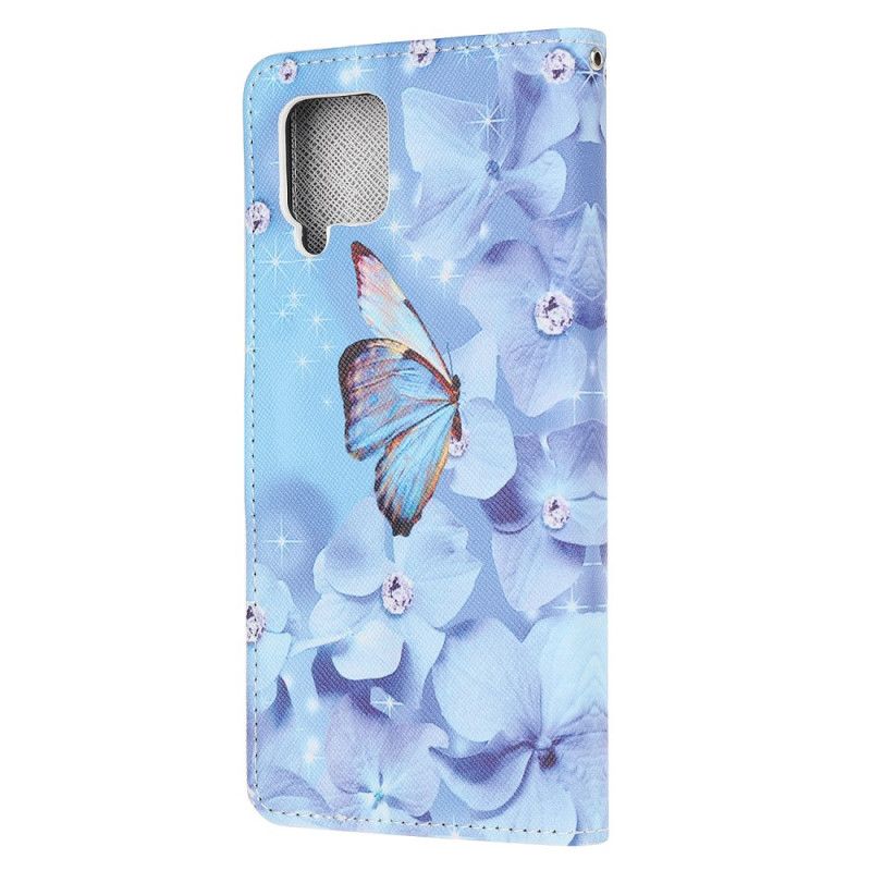 Leren Hoesje voor Samsung Galaxy A12 Diamanten Vlinders Met String