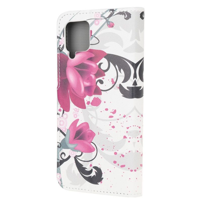 Leren Hoesje voor Samsung Galaxy A12 Roze Magenta Tropische Bloemen