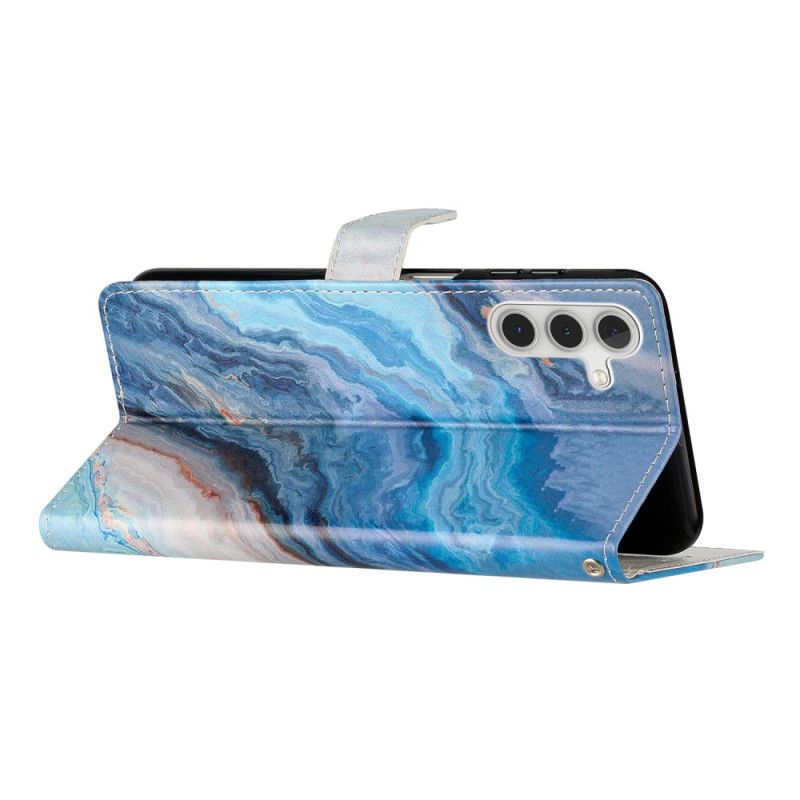 Flip Case Leren Samsung Galaxy A55 5g Blauw Marmer Met Riem