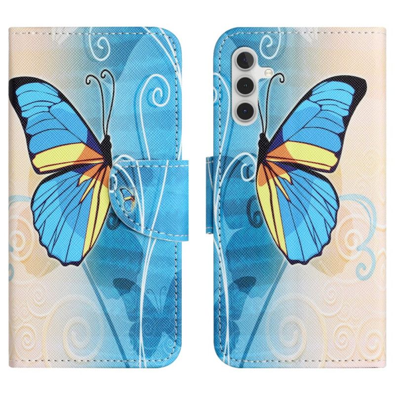 Flip Case Leren Samsung Galaxy A55 5g Gele En Blauwe Vlinder