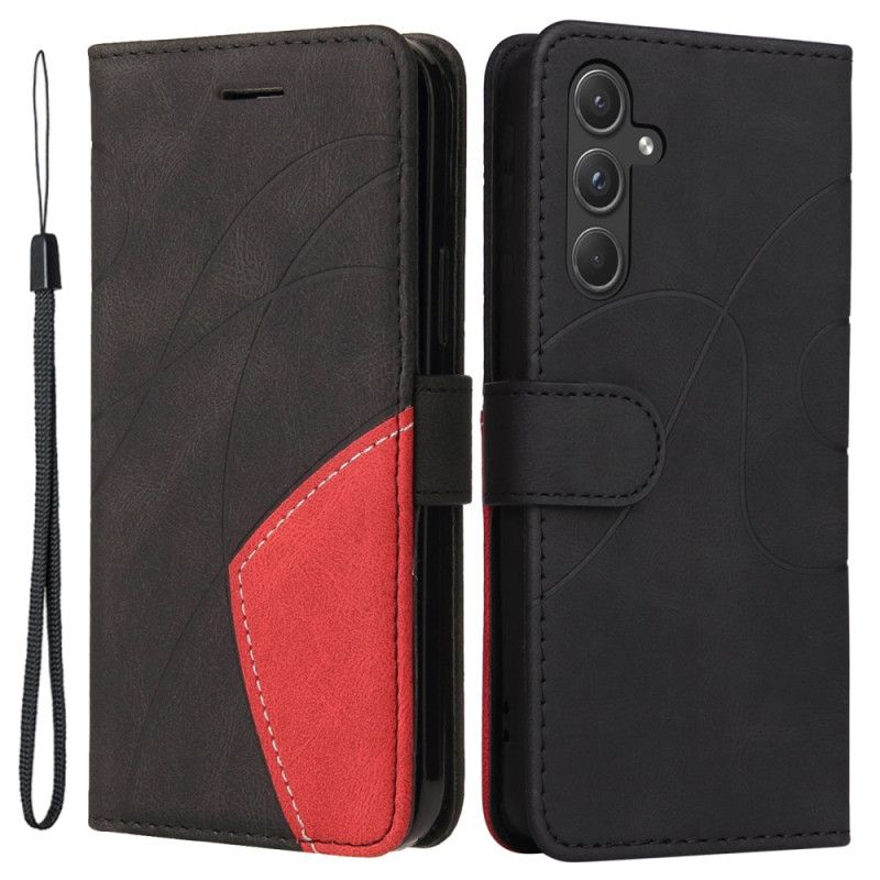 Flip Case Leren Samsung Galaxy A55 5g Tweekleurige Golvende Lijnen Met Riempje