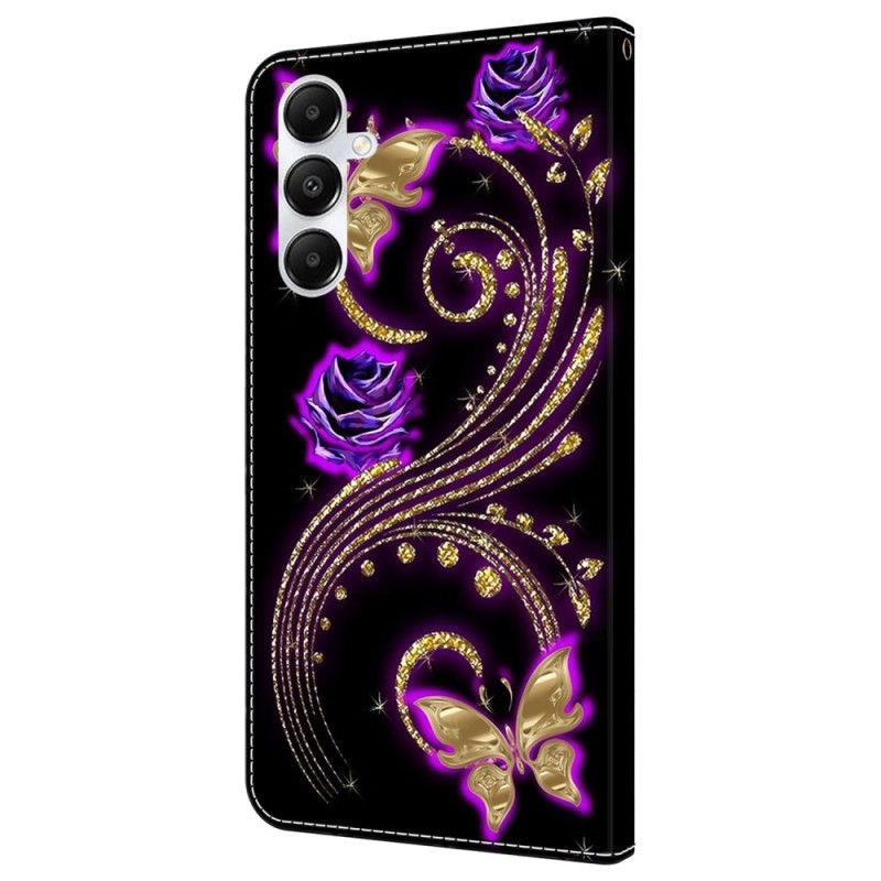 Flip Case Leren Samsung Galaxy A55 5g Violette Bloemen En Vlinders