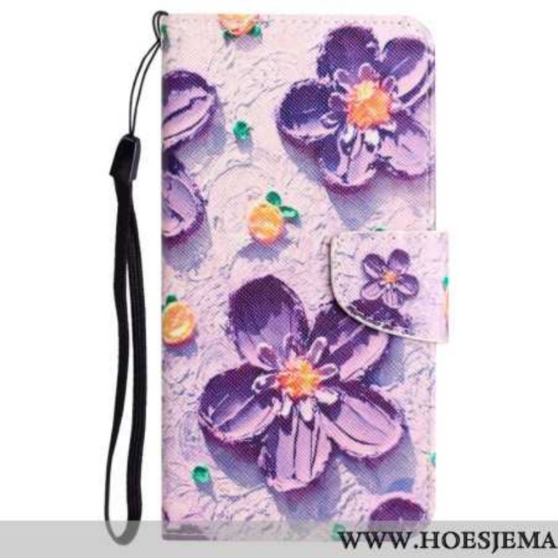 Leren Hoesje Voor Samsung Galaxy A55 5g Paarse Bloemen Met Riempje