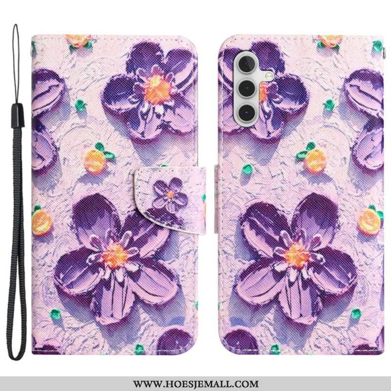 Leren Hoesje Voor Samsung Galaxy A55 5g Paarse Bloemen Met Riempje