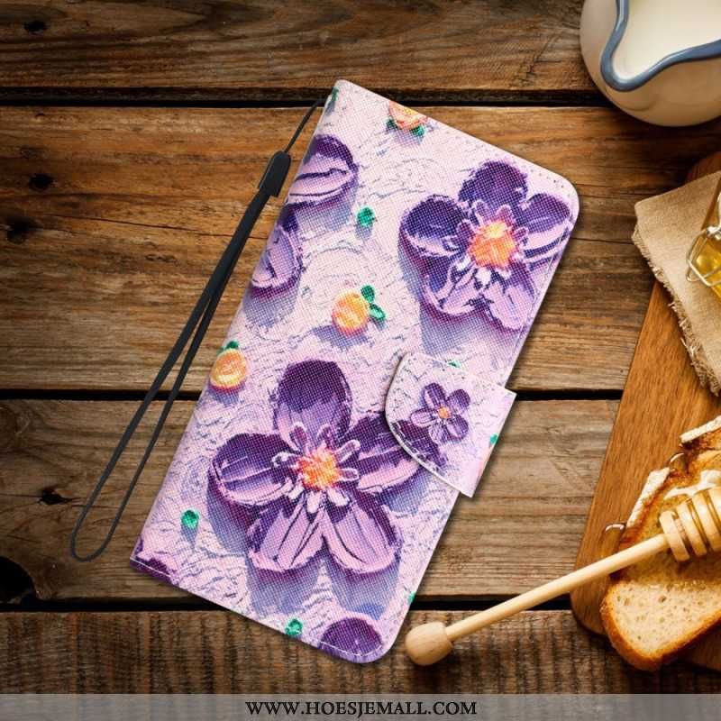 Leren Hoesje Voor Samsung Galaxy A55 5g Paarse Bloemen Met Riempje