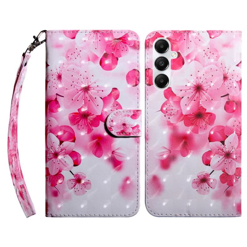 Leren Hoesje Voor Samsung Galaxy A55 5g Rode Bloemen Met Riem