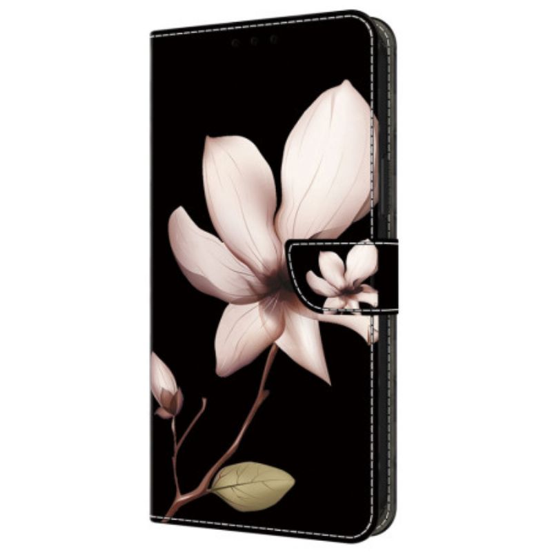 Leren Hoesje Voor Samsung Galaxy A55 5g Roze Bloemen Op Zwarte Achtergrond