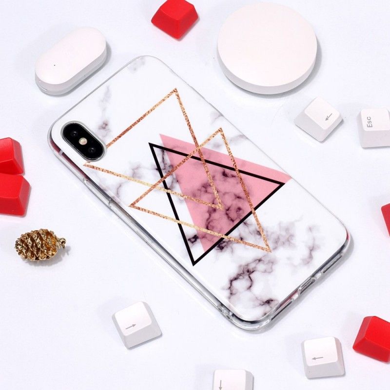 Hoesje iPhone XS Roze Zwart Driehoekig Marmer