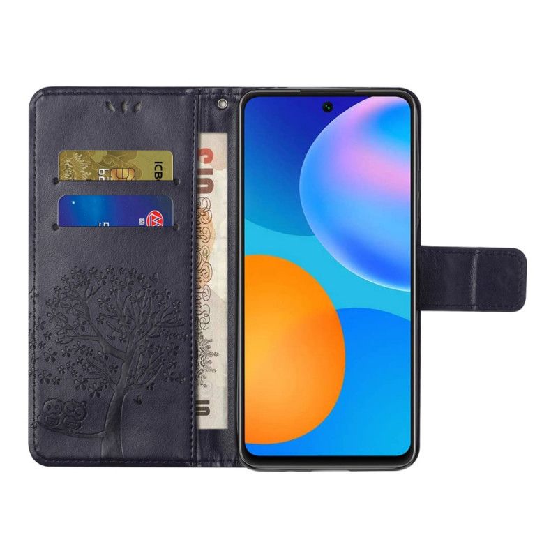 Cover Folio-hoesje Samsung Galaxy A52 4G / A52 5G Grijs Zwart Telefoonhoesje Boom En String Uilen