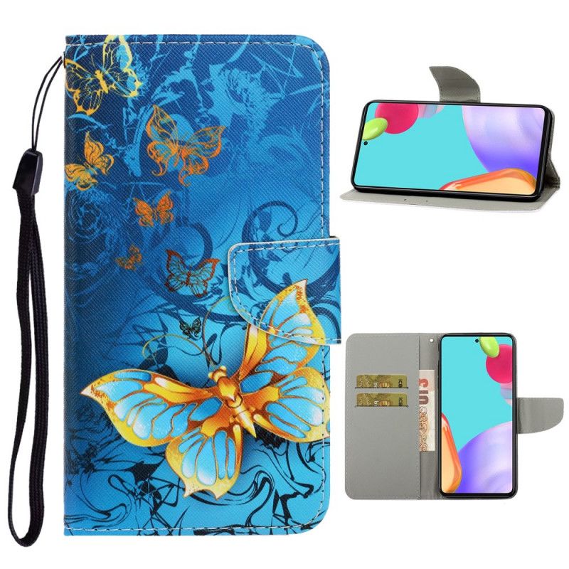 Flip Case Leren Samsung Galaxy A52 4G / A52 5G Donkerblauw Zwart Vlindervariaties Met String