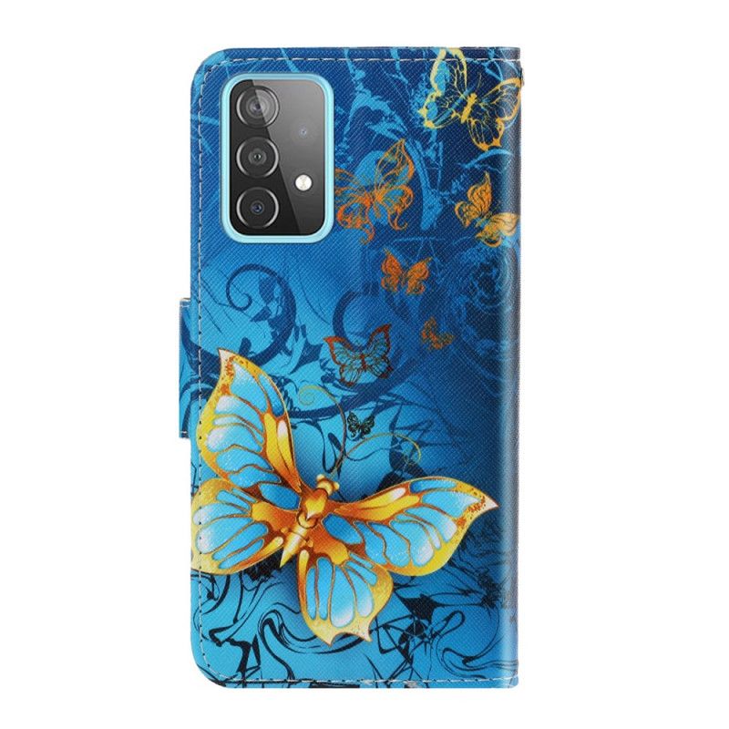 Flip Case Leren Samsung Galaxy A52 4G / A52 5G Donkerblauw Zwart Vlindervariaties Met String