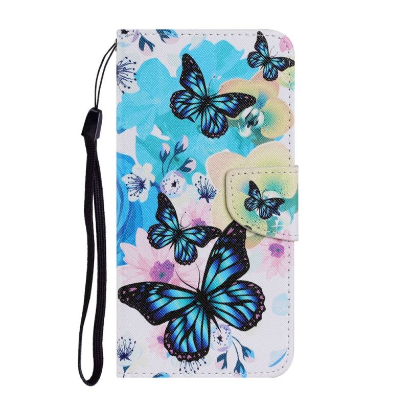 Flip Case Leren Samsung Galaxy A52 4G / A52 5G Lichtblauw Geel Vlinders En Zomerbloemen