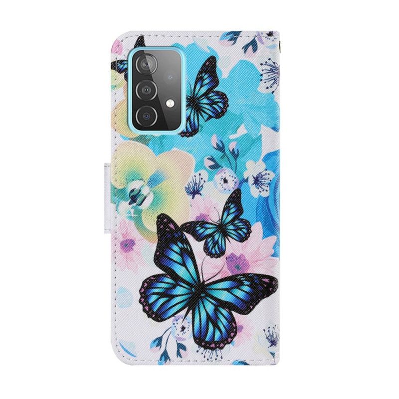 Flip Case Leren Samsung Galaxy A52 4G / A52 5G Lichtblauw Geel Vlinders En Zomerbloemen