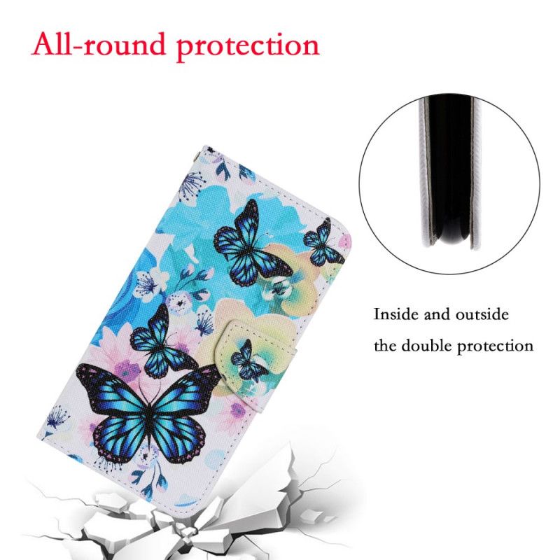 Flip Case Leren Samsung Galaxy A52 4G / A52 5G Lichtblauw Geel Vlinders En Zomerbloemen