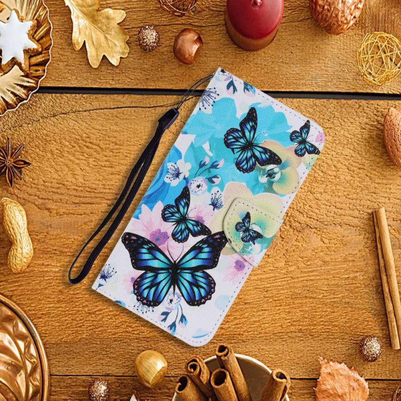 Flip Case Leren Samsung Galaxy A52 4G / A52 5G Lichtblauw Geel Vlinders En Zomerbloemen