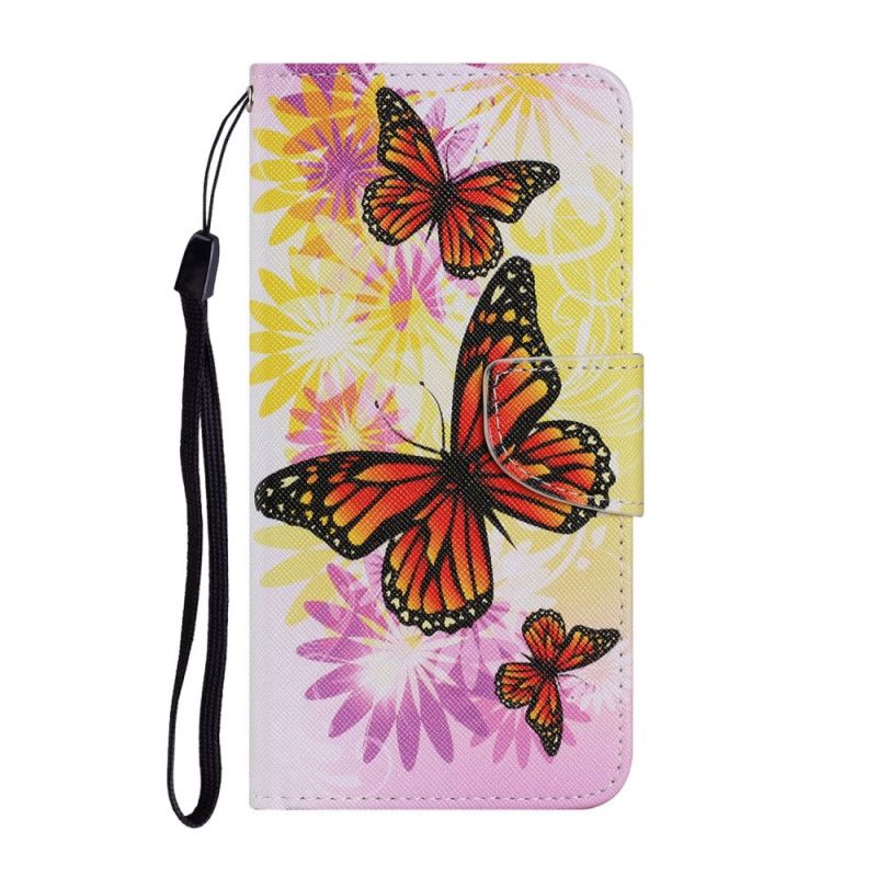 Flip Case Leren Samsung Galaxy A52 4G / A52 5G Lichtblauw Geel Vlinders En Zomerbloemen