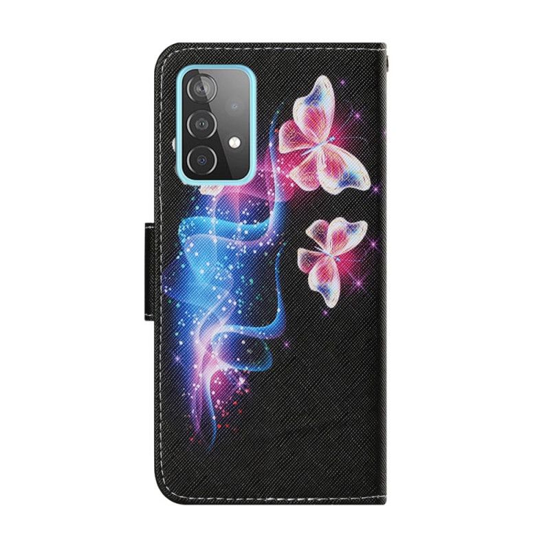 Flip Case Leren Samsung Galaxy A52 4G / A52 5G Lichtblauw Magenta Magische Vlinders