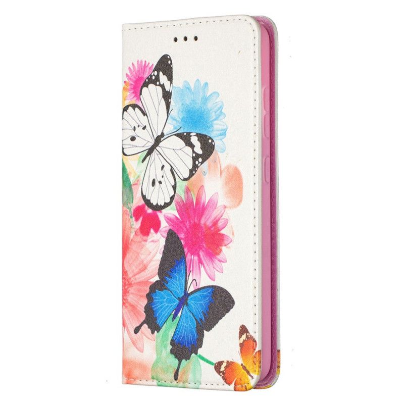 Folio-hoesje Samsung Galaxy A52 4G / A52 5G Lichtblauw Wit Kleurrijke Vlinders