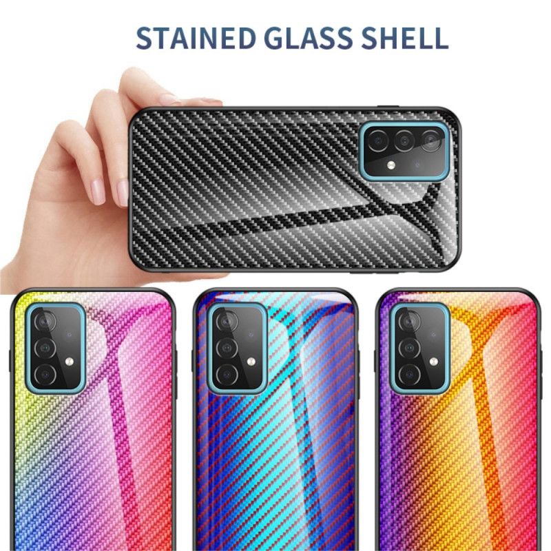 Hoesje voor Samsung Galaxy A52 4G / A52 5G Magenta Zwart Koolstofvezel Gehard Glas