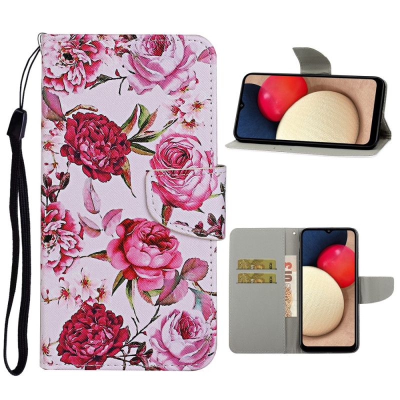 Leren Hoesje Samsung Galaxy A52 4G / A52 5G Meesterlijke Bloemen Met String