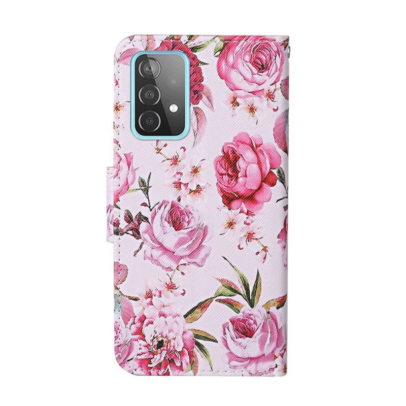 Leren Hoesje Samsung Galaxy A52 4G / A52 5G Meesterlijke Bloemen Met String