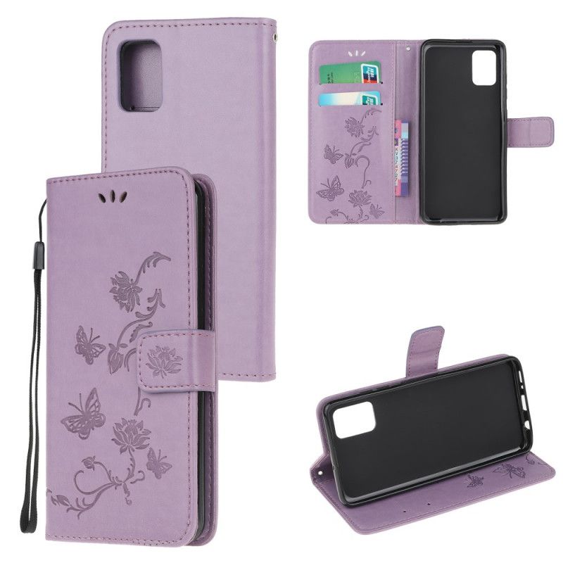 Leren Hoesje voor Samsung Galaxy A52 4G / A52 5G Grijs Zwart Vlinders En Stringbloemen