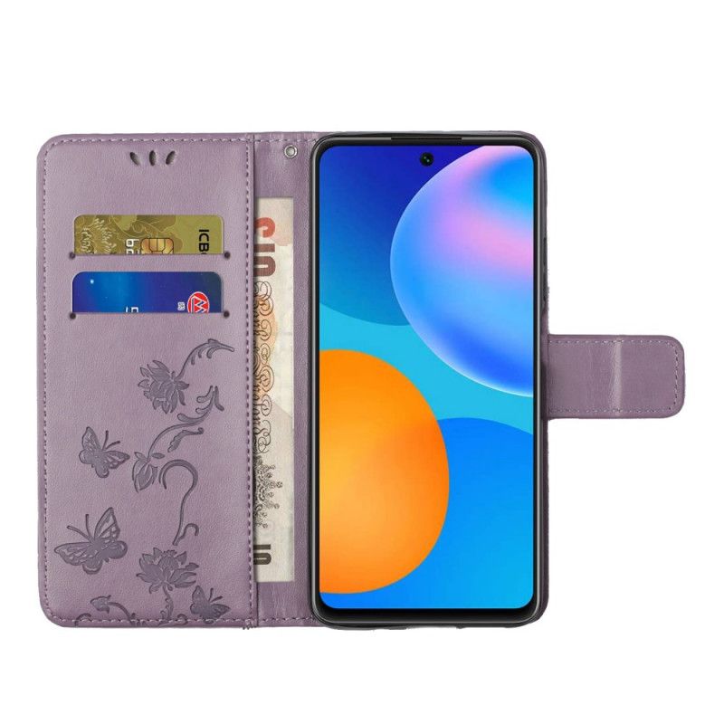 Leren Hoesje voor Samsung Galaxy A52 4G / A52 5G Grijs Zwart Vlinders En Stringbloemen