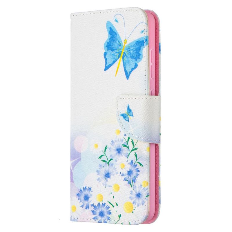 Leren Hoesje voor Samsung Galaxy A52 4G / A52 5G Lichtblauw Magenta Geschilderde Vlinders En Bloemen