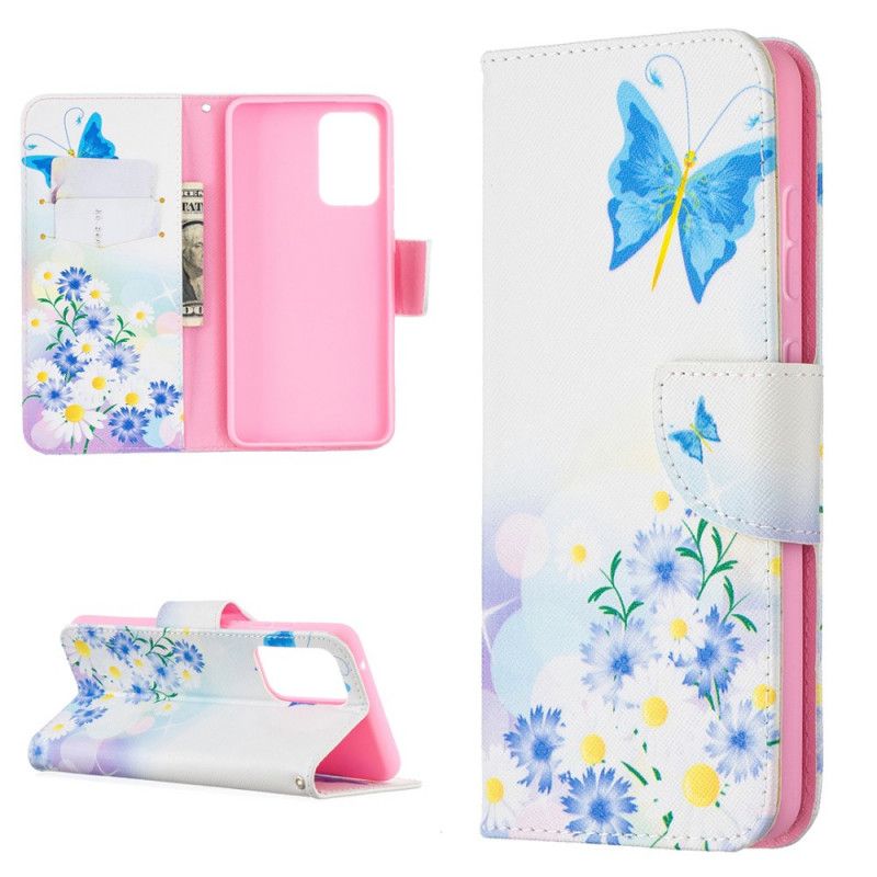 Leren Hoesje voor Samsung Galaxy A52 4G / A52 5G Lichtblauw Magenta Geschilderde Vlinders En Bloemen