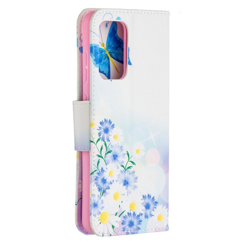 Leren Hoesje voor Samsung Galaxy A52 4G / A52 5G Lichtblauw Magenta Geschilderde Vlinders En Bloemen