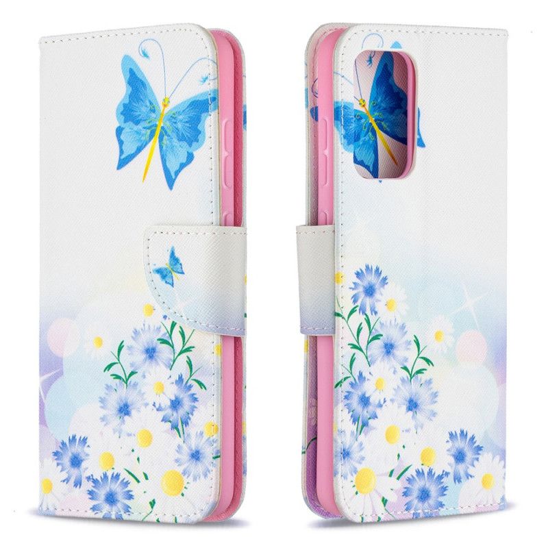 Leren Hoesje voor Samsung Galaxy A52 4G / A52 5G Lichtblauw Magenta Geschilderde Vlinders En Bloemen