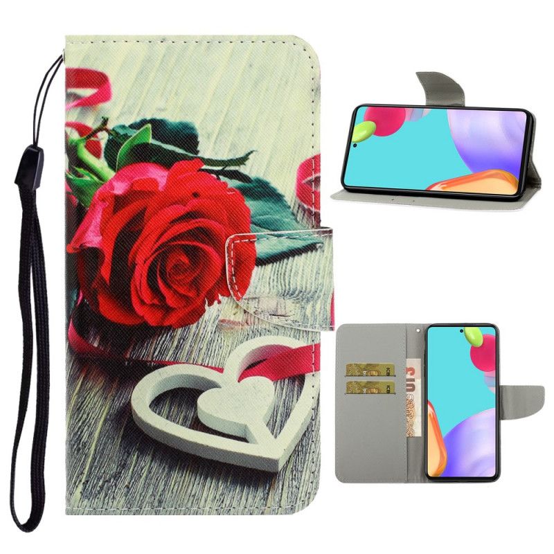 Leren Hoesje voor Samsung Galaxy A52 4G / A52 5G Rood Zwart Kleurrijke Bloemen Met Een Riem