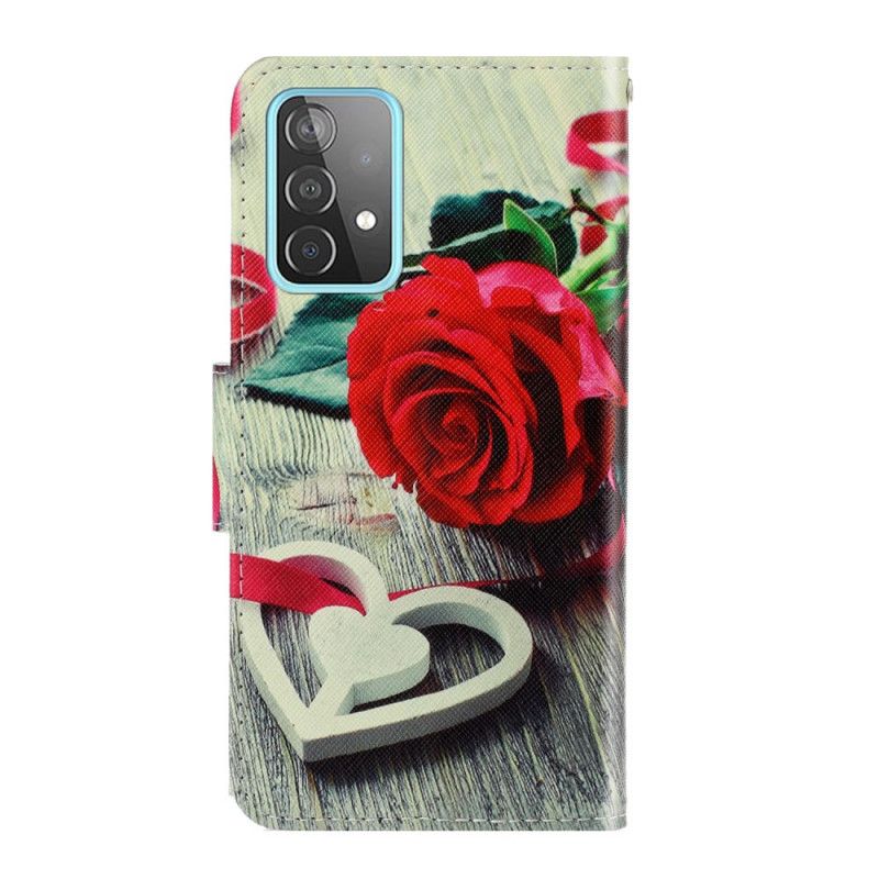 Leren Hoesje voor Samsung Galaxy A52 4G / A52 5G Rood Zwart Kleurrijke Bloemen Met Een Riem