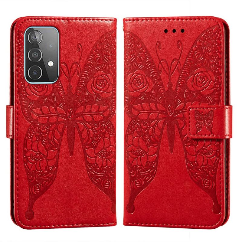 Leren Hoesje voor Samsung Galaxy A52 4G / A52 5G Rood Zwart Vlinder Bloemenpatroon