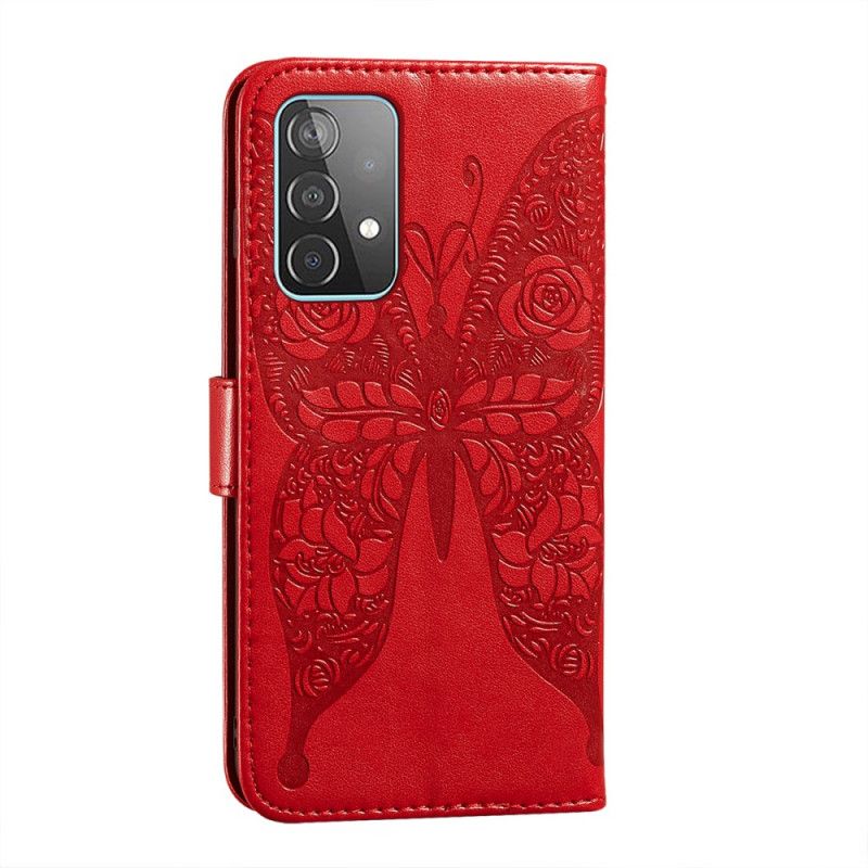 Leren Hoesje voor Samsung Galaxy A52 4G / A52 5G Rood Zwart Vlinder Bloemenpatroon