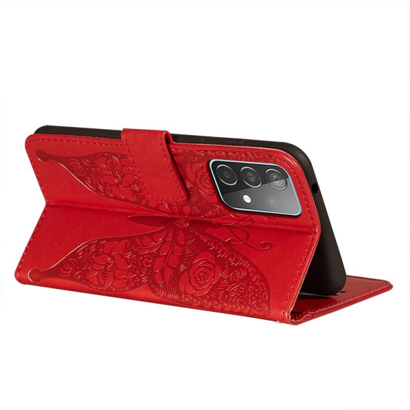 Leren Hoesje voor Samsung Galaxy A52 4G / A52 5G Rood Zwart Vlinder Bloemenpatroon