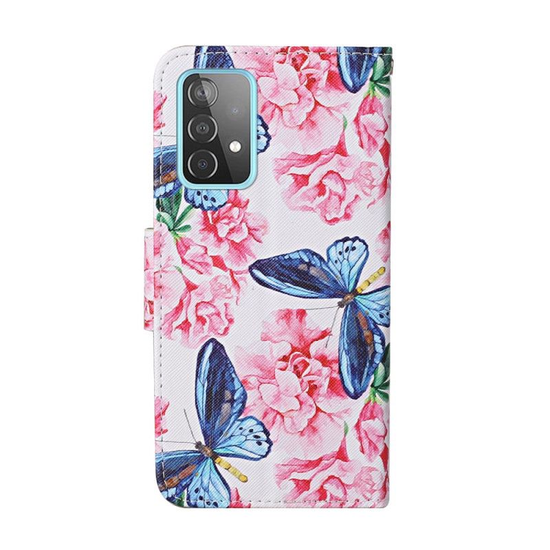 Leren Hoesje voor Samsung Galaxy A52 4G / A52 5G Roze Magenta String Bloemenvlinders