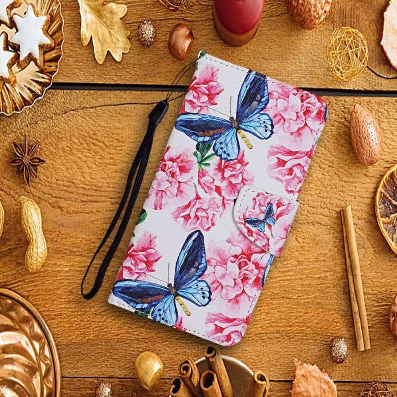 Leren Hoesje voor Samsung Galaxy A52 4G / A52 5G Roze Magenta String Bloemenvlinders