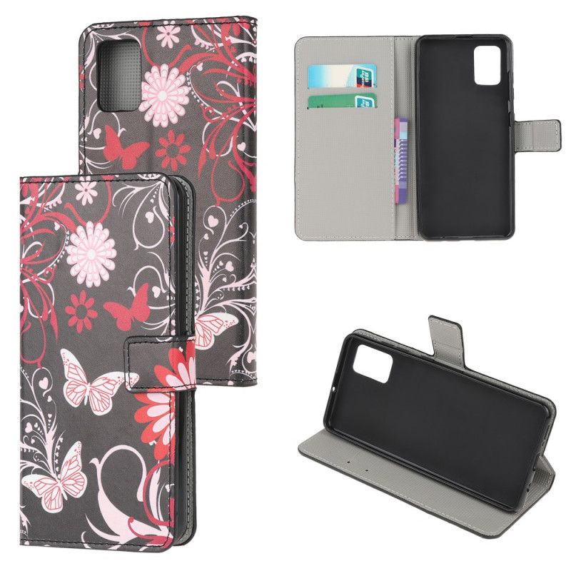 Leren Hoesje voor Samsung Galaxy A52 4G / A52 5G Wit Zwart Vlinders En Bloemen