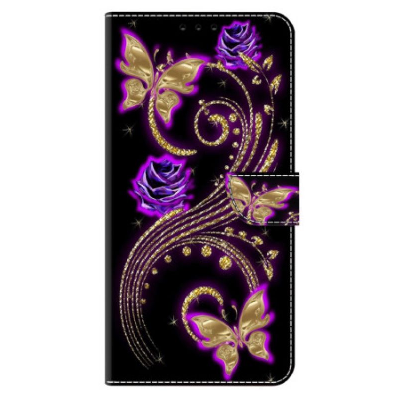 Flip Case Leren Xiaomi Redmi Note 13 5g Violette Bloemen En Vlinders