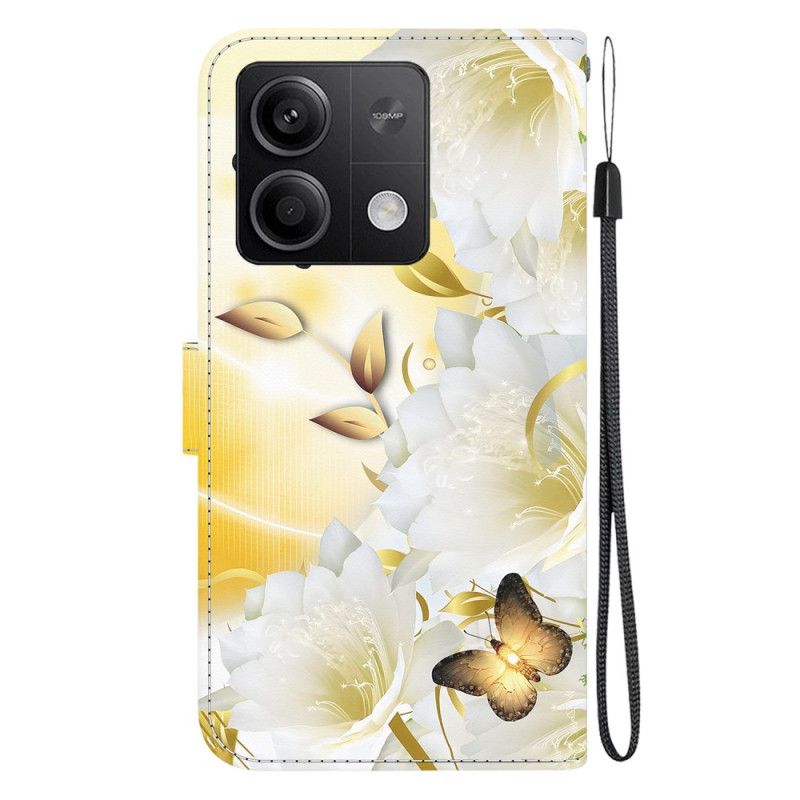 Folio-hoesje Xiaomi Redmi Note 13 5g Telefoonhoesje Gouden Vlinders En Witte Bloemen