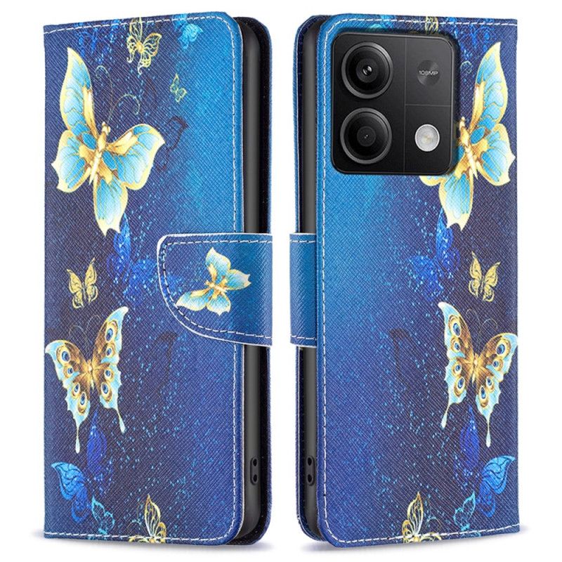 Leren Hoesje Voor Xiaomi Redmi Note 13 5g Gouden Vlinders Op Blauwe Achtergrond