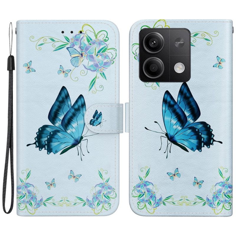 Leren Hoesje Xiaomi Redmi Note 13 5g Blauwe Vlinders En Bloemen Met Riempje