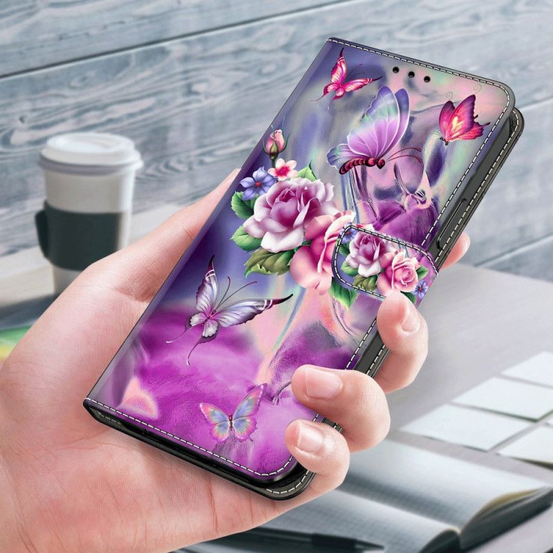 Leren Hoesje Xiaomi Redmi Note 13 5g Paarse Vlinders En Bloemen