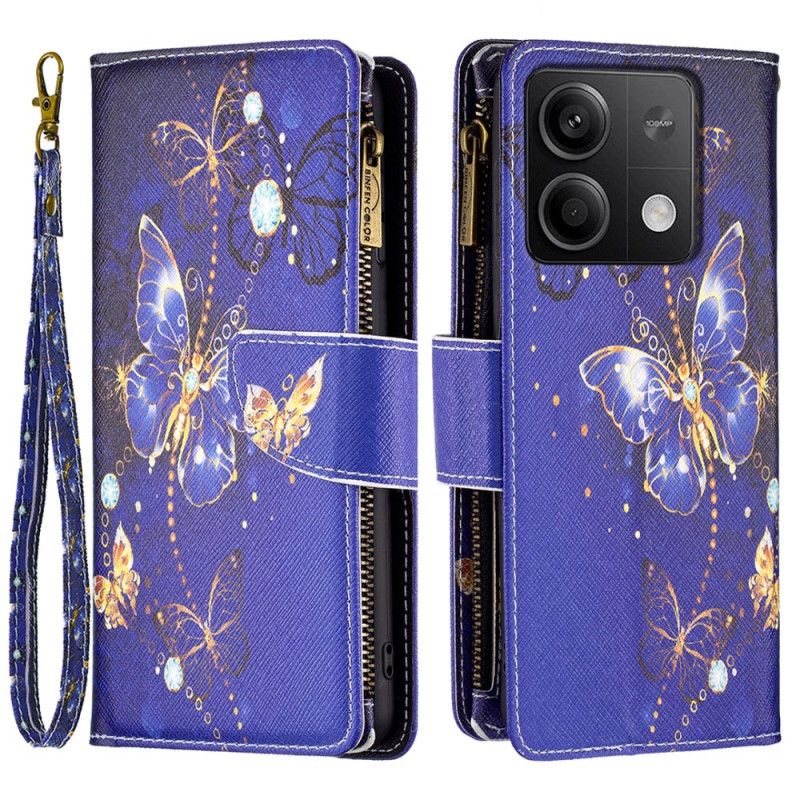 Leren Hoesje Xiaomi Redmi Note 13 5g Paarse Vlinders Portemonnee Met Riem