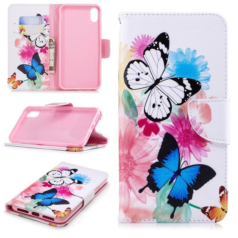 Bescherming Hoesje iPhone XS Max Lichtblauw Roze Geschilderde Vlinders En Bloemen