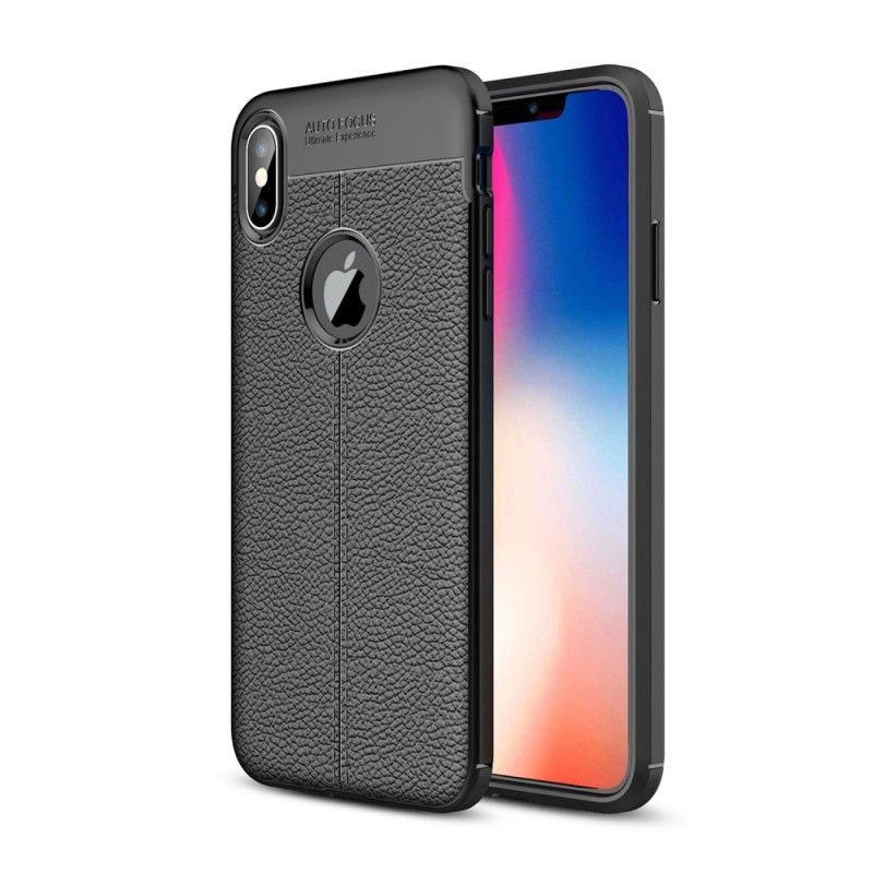 Hoesje iPhone XS Max Grijs Zwart Dubbellijns Lychee Leereffect