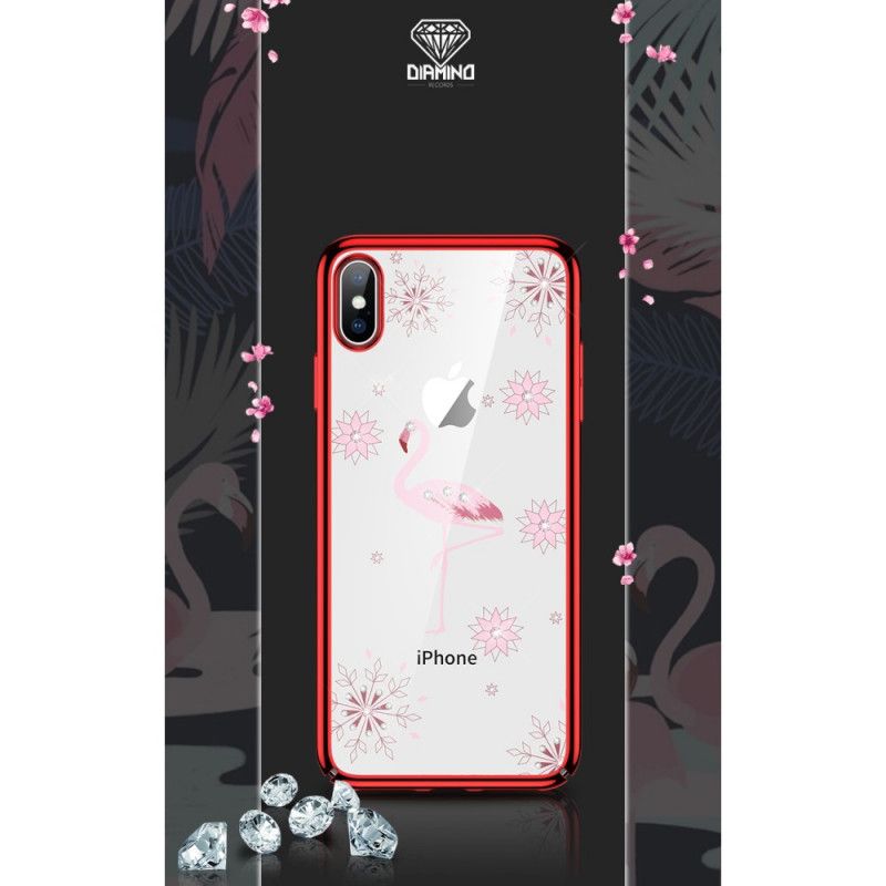 Hoesje iPhone XS Max Rood Zwart Sulada Flamingo Diamanten