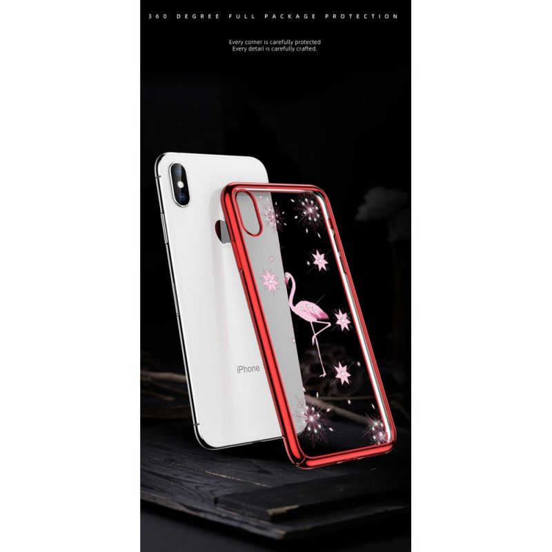 Hoesje iPhone XS Max Rood Zwart Sulada Flamingo Diamanten